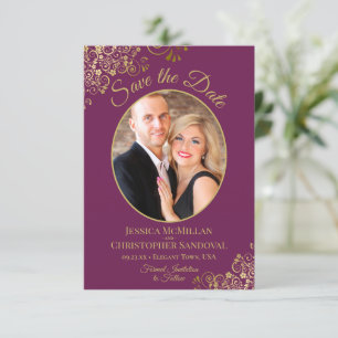 Elegant Oval Photo Gold & Magenta Purple Wedding Save The Date