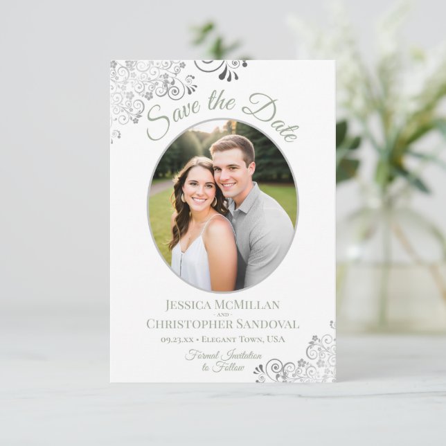 Elegant Oval Photo Sage Green Silver Curls Wedding Save The Date (Standing Front)