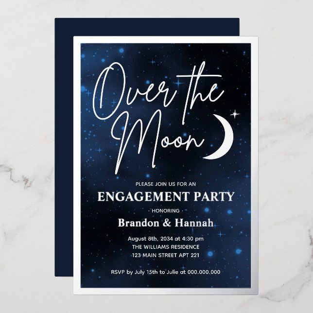Elegant Over The Moon Engagement Party Real Silver Foil Invitation (Front/Back)