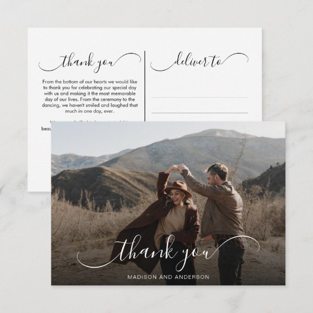 Elegant Overlay Calligraphy Wedding Photo Thank You Card (Front/Back)