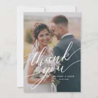 Elegant Overlay Hand Lettered Script Wedding Photo Thank You Card