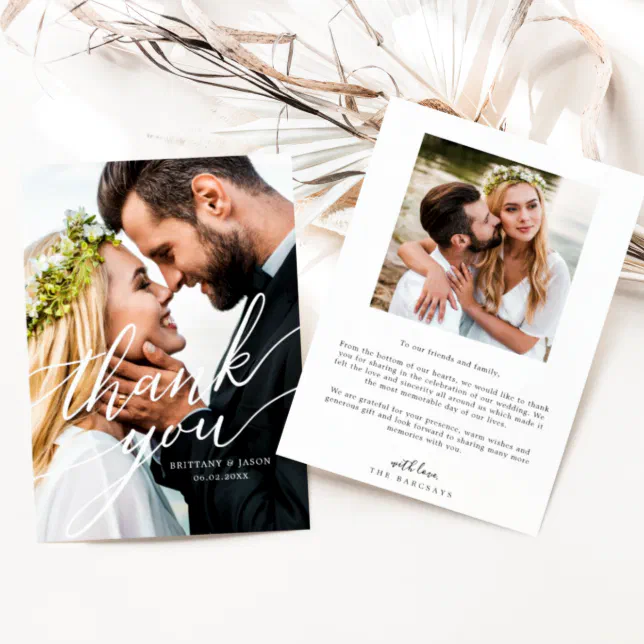 Elegant Overlay Hand Lettered Script Wedding Photo Thank You Card | Zazzle