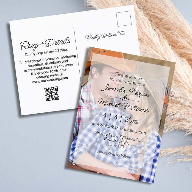 elegant overlay photo qr code rsvp wedding  invitation postcard (Creator Uploaded)