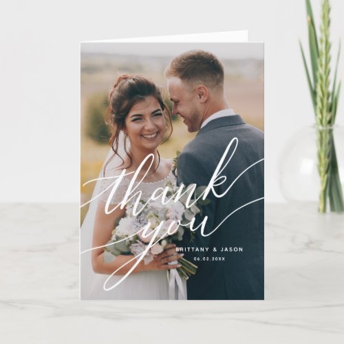 Elegant Overlay Script Wedding Photo Thank You Card