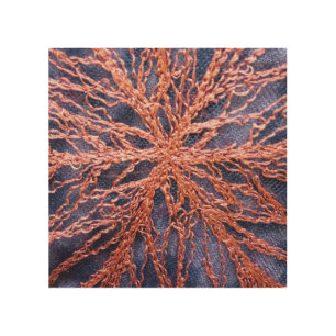 Elegant oversized burnt orange indigo embroidery wood wall art