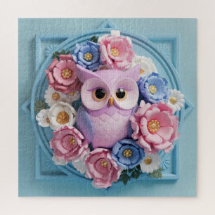 Elegant Owl Art with Floral Accents - Soft Pink Jigsaw Puzzle