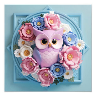 Elegant Owl Art with Floral Accents - Soft Pink  Photo Print