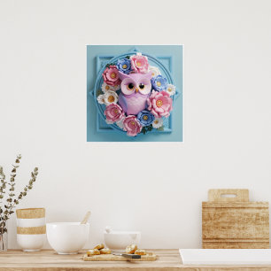Elegant Owl Art with Floral Accents - Soft Pink  Poster