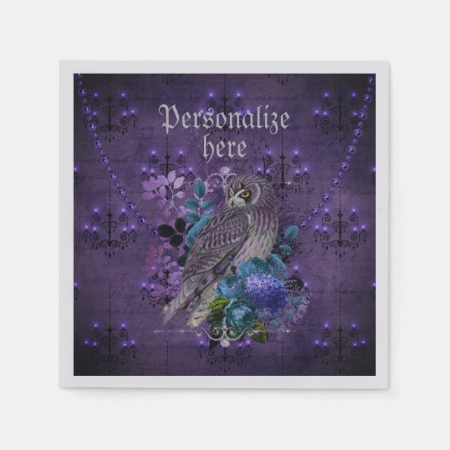 Elegant owl floral chandeliers jewel purple  napkins (Front)
