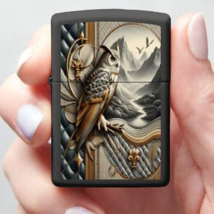 Elegant Owl Mountain Ocean Leather Art Zippo Lighter