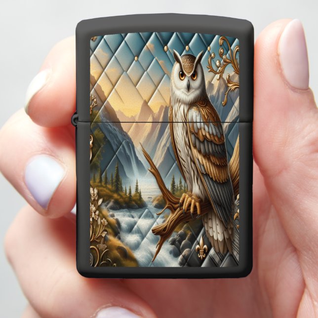 Elegant Owl Over Ocean Leather Art Zippo Lighter (In Hand)