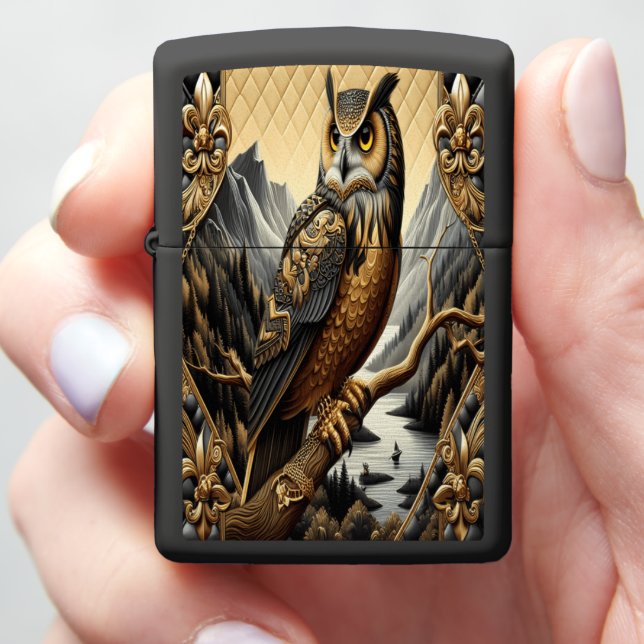 Elegant Owl with Mountain Ocean Leather Art Zippo Lighter (In Hand)