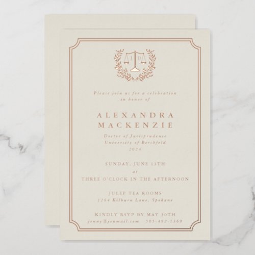 Elegant Oyster JD Law School Graduation Party Foil Invitation