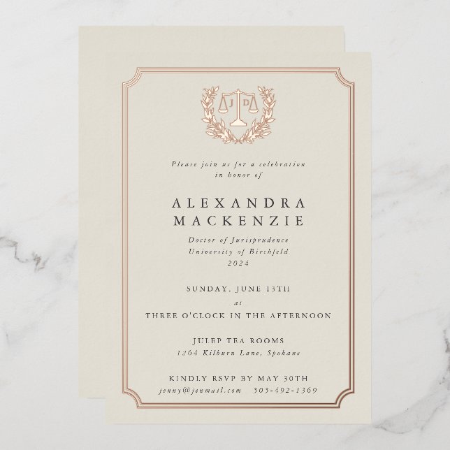 Elegant Oyster JD Law School Graduation Party Foil Invitation (Front/Back)