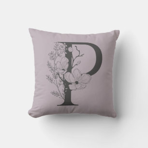 Elegant P Boho Floral Monogram Initial Lilac Gray Throw Pillow