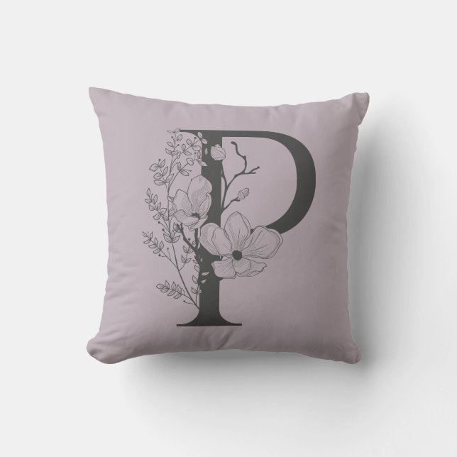 Elegant P Boho Floral Monogram Initial Lilac Gray Throw Pillow (Front)