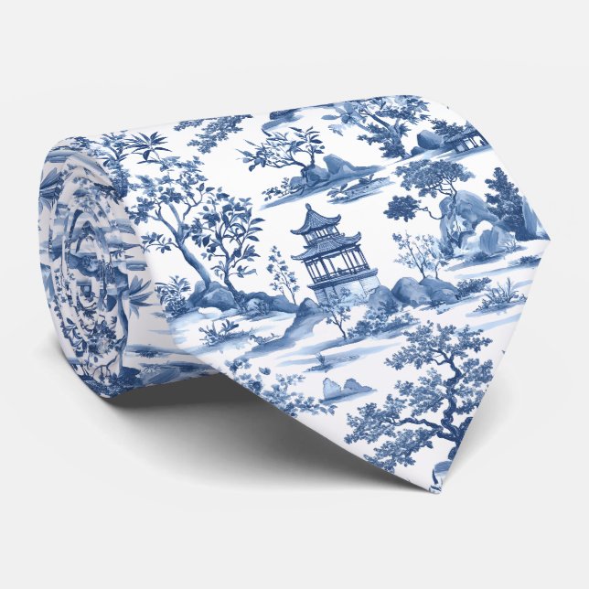 Elegant Pagoda Blue Chinoiserie Toile  Neck Tie (Rolled)