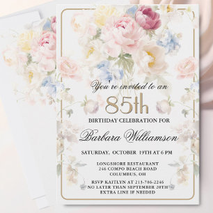 Elegant Painted Blush Pink Floral 85th Birthday  Invitation
