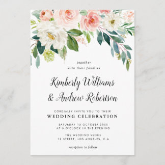 Elegant painted blush pink floral wedding invitation