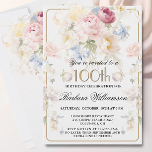 Elegant Painted Blush Rose Floral 100th Birthday Invitation