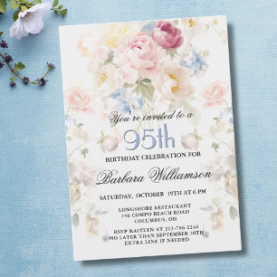 Elegant Painted Blush Rose Floral 95th Birthday  Invitation