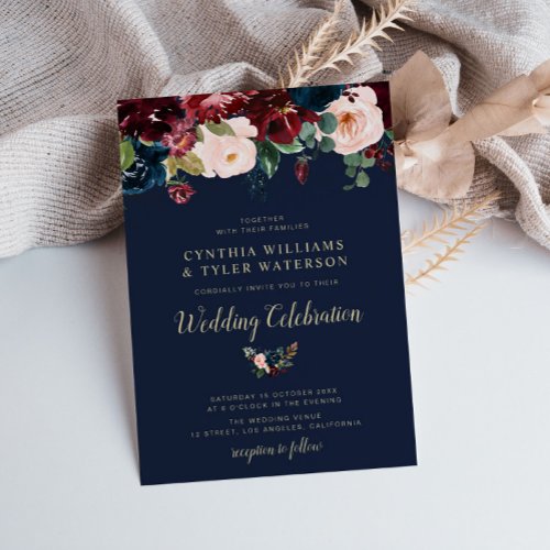 Elegant painted burgundy  Navy floral wedding Invitation