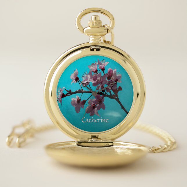  "Elegant Painted Cherry Blossoms on Blue Sky Pocket Watch (Inside)