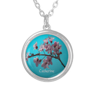 "Elegant Painted Cherry Blossoms on Blue Sky Silver Plated Necklace