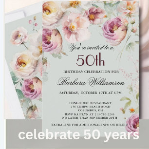 Elegant Painted Floral 50th Birthday Party Invitation