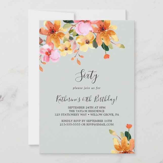 Elegant Painted Floral 60th Birthday Invitation (Front)