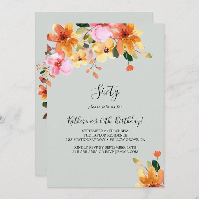 Elegant Painted Floral 60th Birthday Invitation (Front/Back)