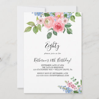 Elegant Painted Floral 80th Birthday Invitation