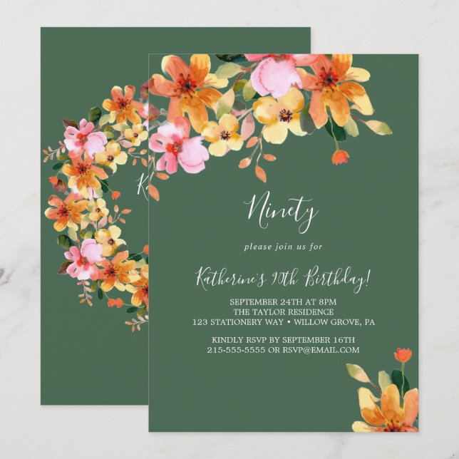 Elegant Painted Floral 90th Birthday Invitation (Front/Back)