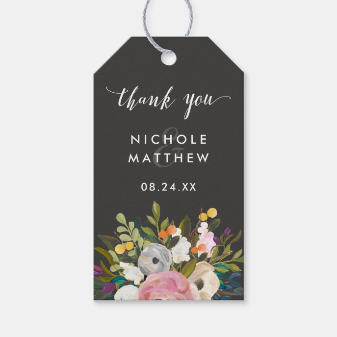 Elegant Painted Floral Black and Blush Wedding Gift Tags