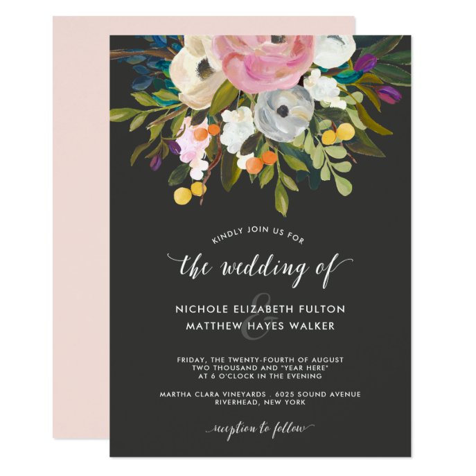 Elegant Painted Floral Black and Blush Wedding Invitation