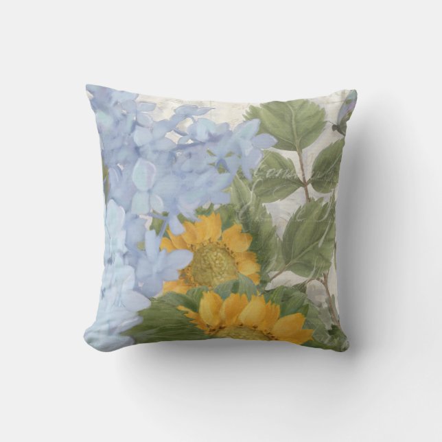 Elegant Painted Floral Blue Hydrangea Sunflowers Throw Pillow (Front)