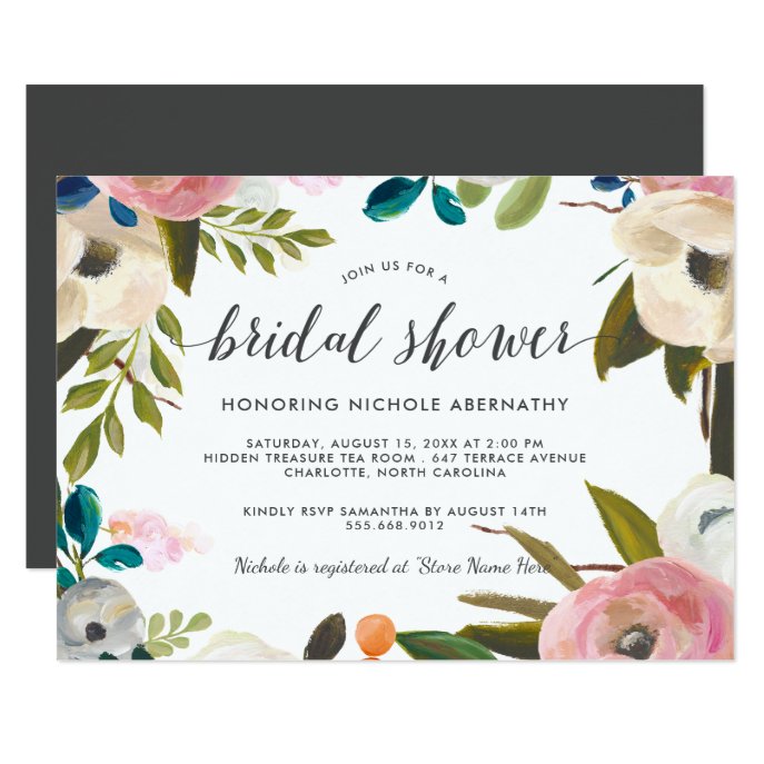 Elegant Painted Floral Bridal Shower | White Invitation