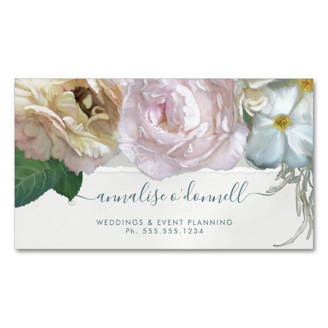 Elegant Painted Floral Peony Rose Pink n Yellow  Business Card Magnet (Front)