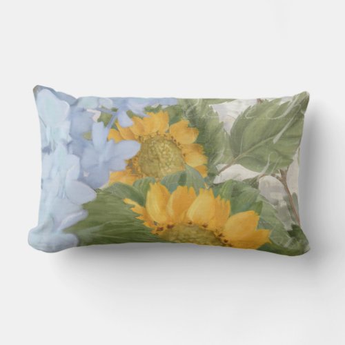 Elegant Painted Floral Sunflowers Blue Hydrangea Lumbar Pillow