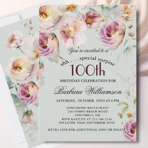 Elegant Painted Floral Surprise 100th Birthday  Invitation