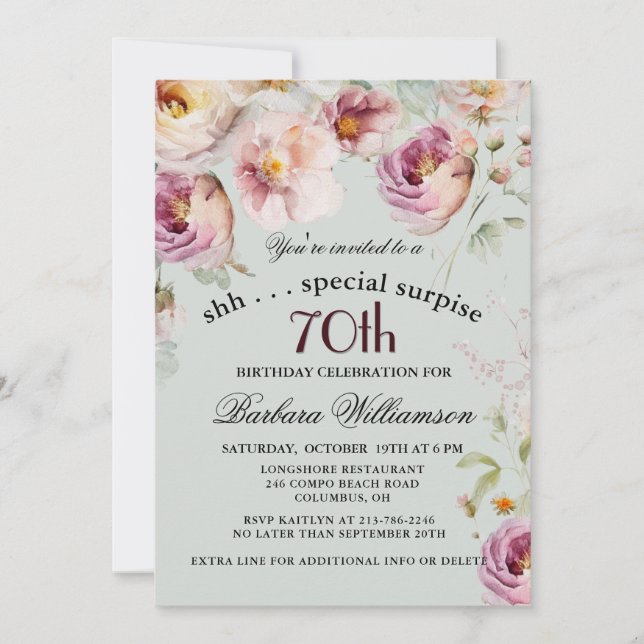 Elegant Painted Floral Surprise 70th Birthday  Invitation (Front)