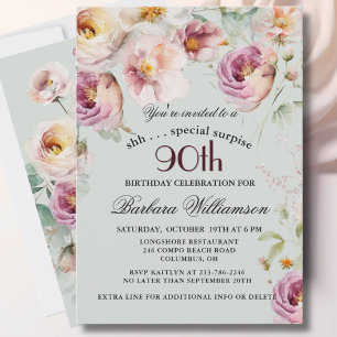 Elegant Painted Floral Surprise 90th Birthday  Invitation