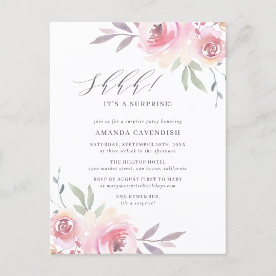 Elegant Painted Floral Surprise Birthday Party Invitation Postcard ...