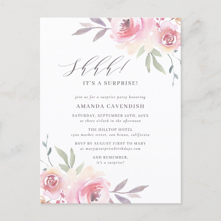 Elegant Painted Floral Surprise Birthday Party Invitation Postcard | Zazzle