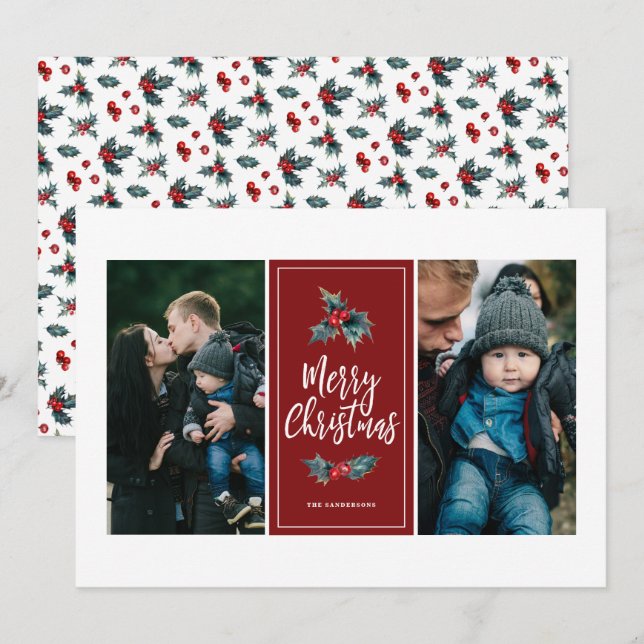 Elegant Painted Holly | Christmas Red Two Photo Holiday Card (Front/Back)