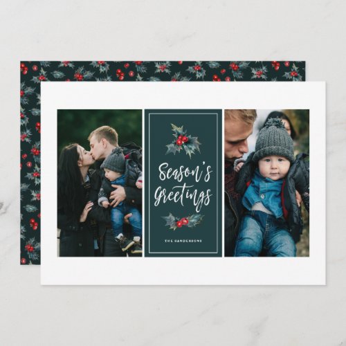 Elegant Painted Holly  Greetings Green Two Photo Holiday Card