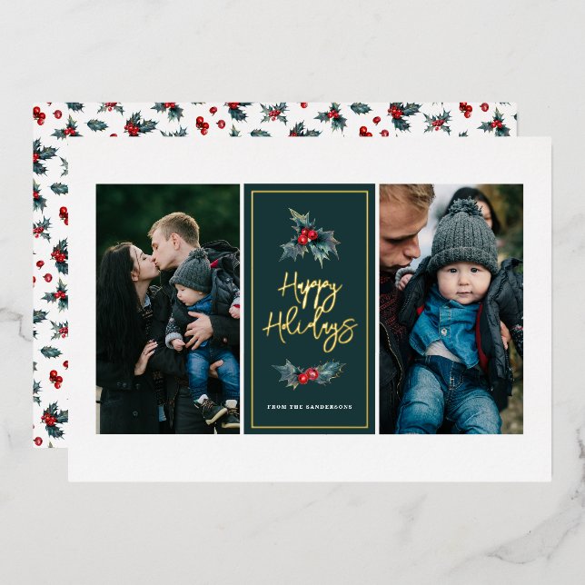 Elegant Painted Holly Two Photo Happy Holidays  Foil Holiday Card (Front/Back)
