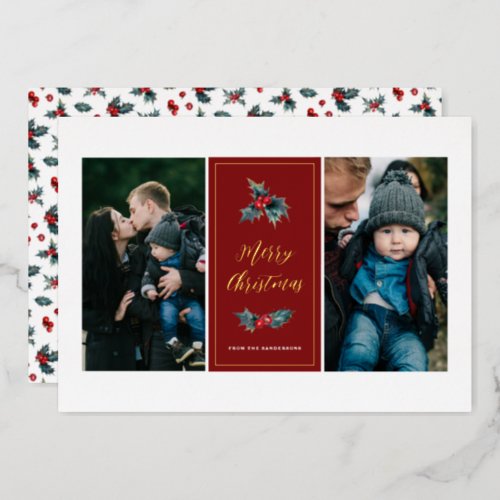 Elegant Painted Holly Two Photo Merry Christmas Foil Holiday Card