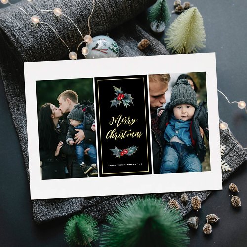 Elegant Painted Holly Two Photo Merry Christmas   Foil Holiday Card