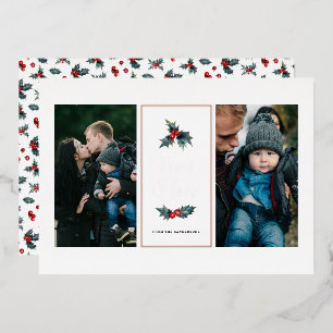 Elegant Painted Holly Two Photo Peace and Love Foil Holiday Card